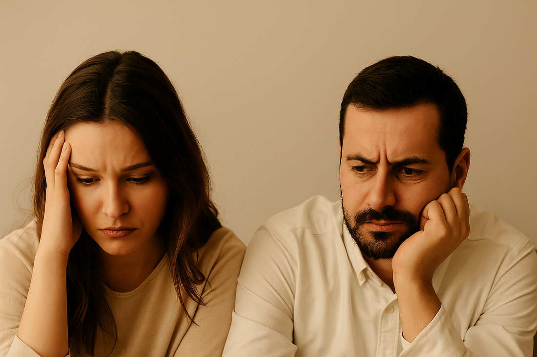 A young frustrated couple sitting close together, both looking down with serious expressions, symbolizing intimacy struggles and emotional disconnect.