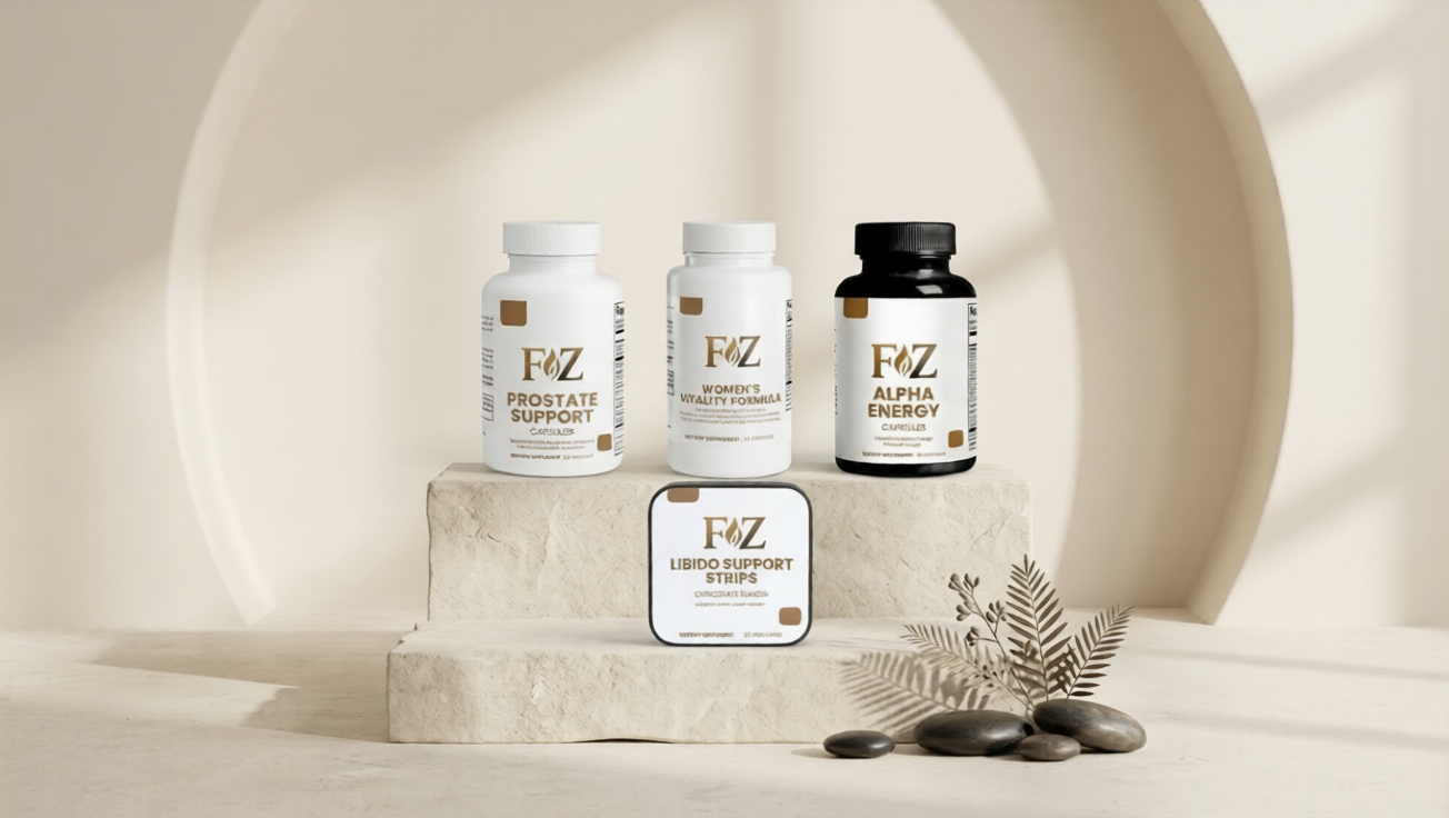 Premium supplement bottles on a clean white display for daily vitality and wellness.