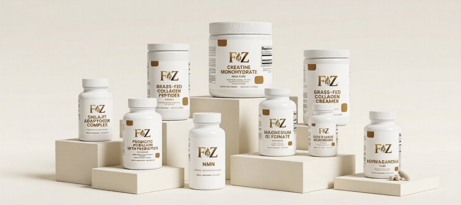 Fapzlee health care collection banner featuring premium fitness and multivitamin supplements.