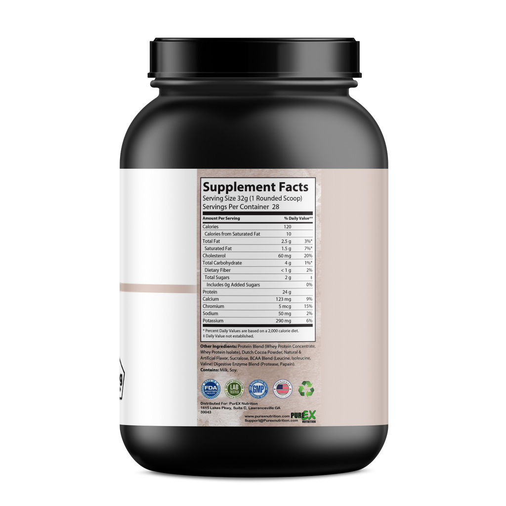 Absolute Whey Chocolate protein powder jar with chocolate shake
